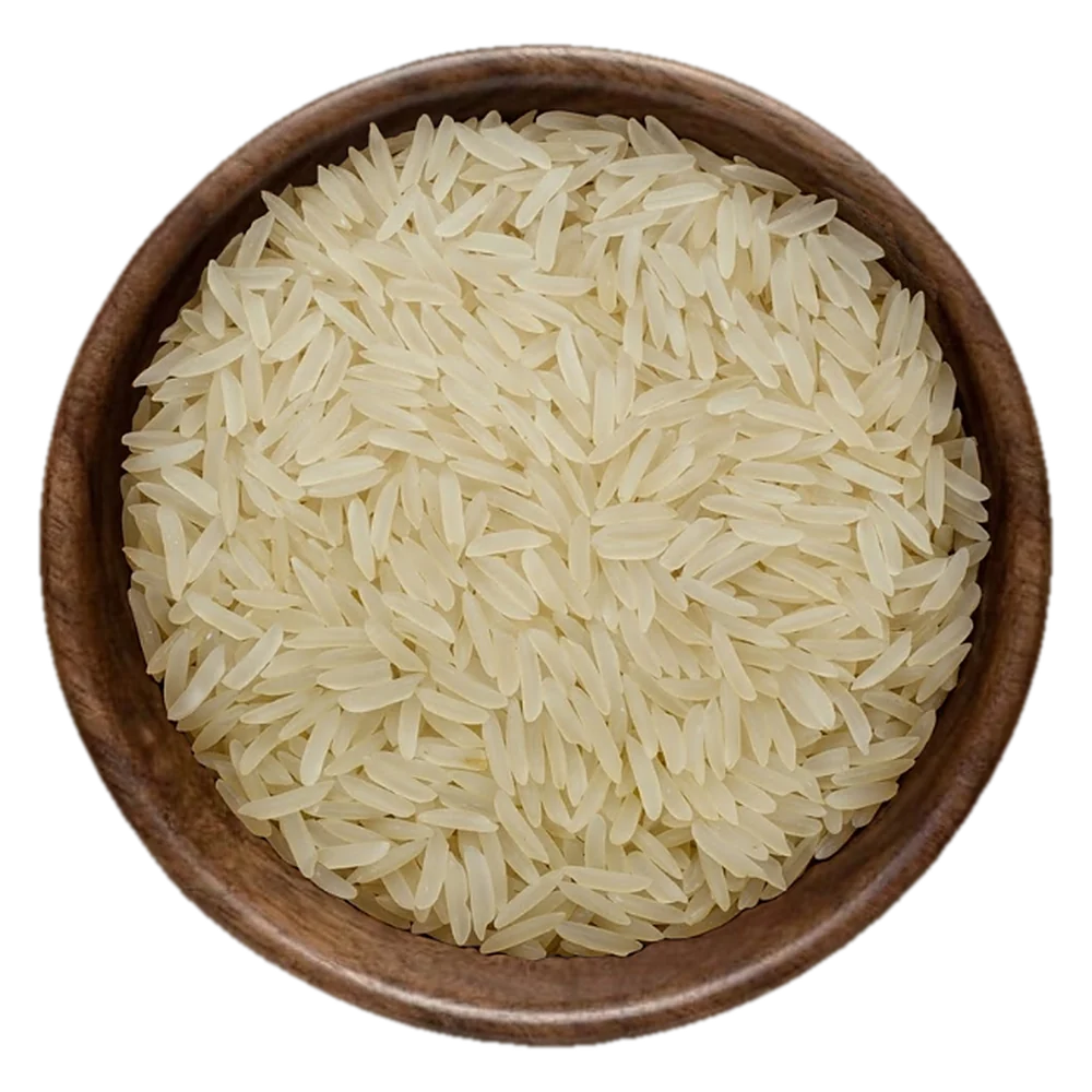 Close view of Supri Sella Rice grains in a wooden bowl, seen from above