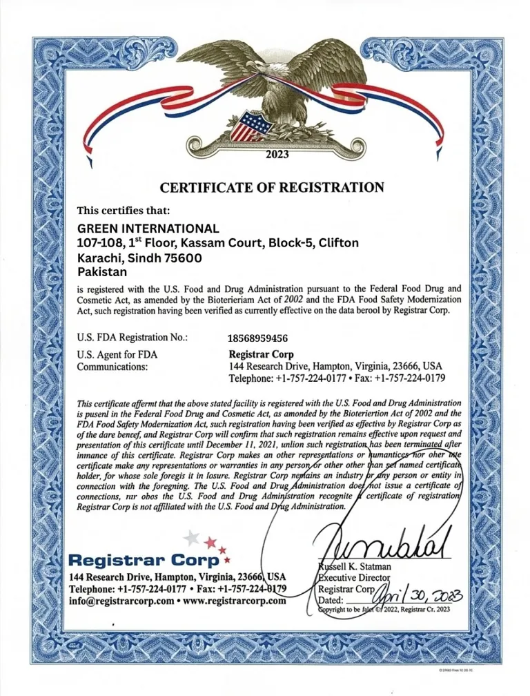 United States FDA food facility registration certificate for Green International, registration 18568959456