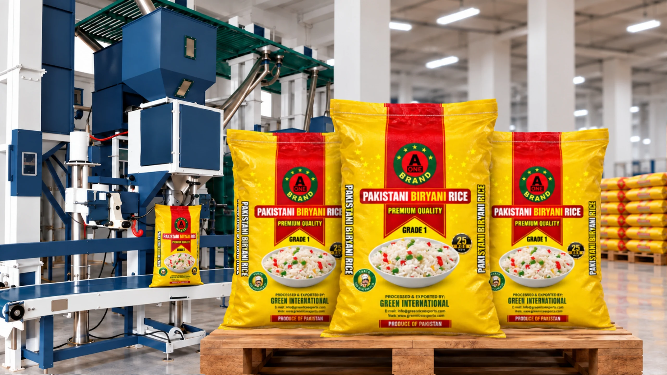 Automatic bagging line filling branded rice bags