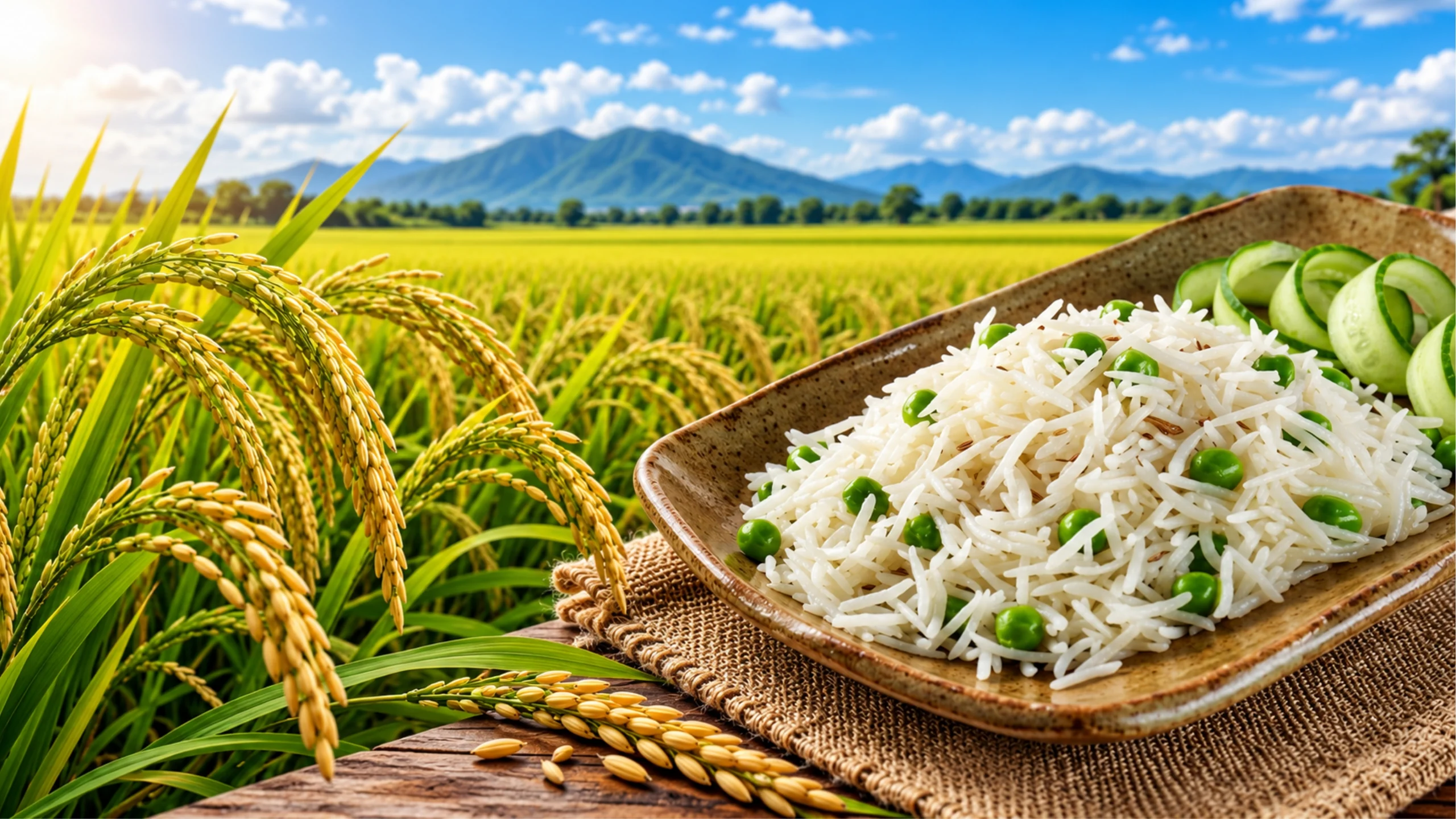 Ripe Basmati paddy in the field beside a dish of cooked Basmati Rice