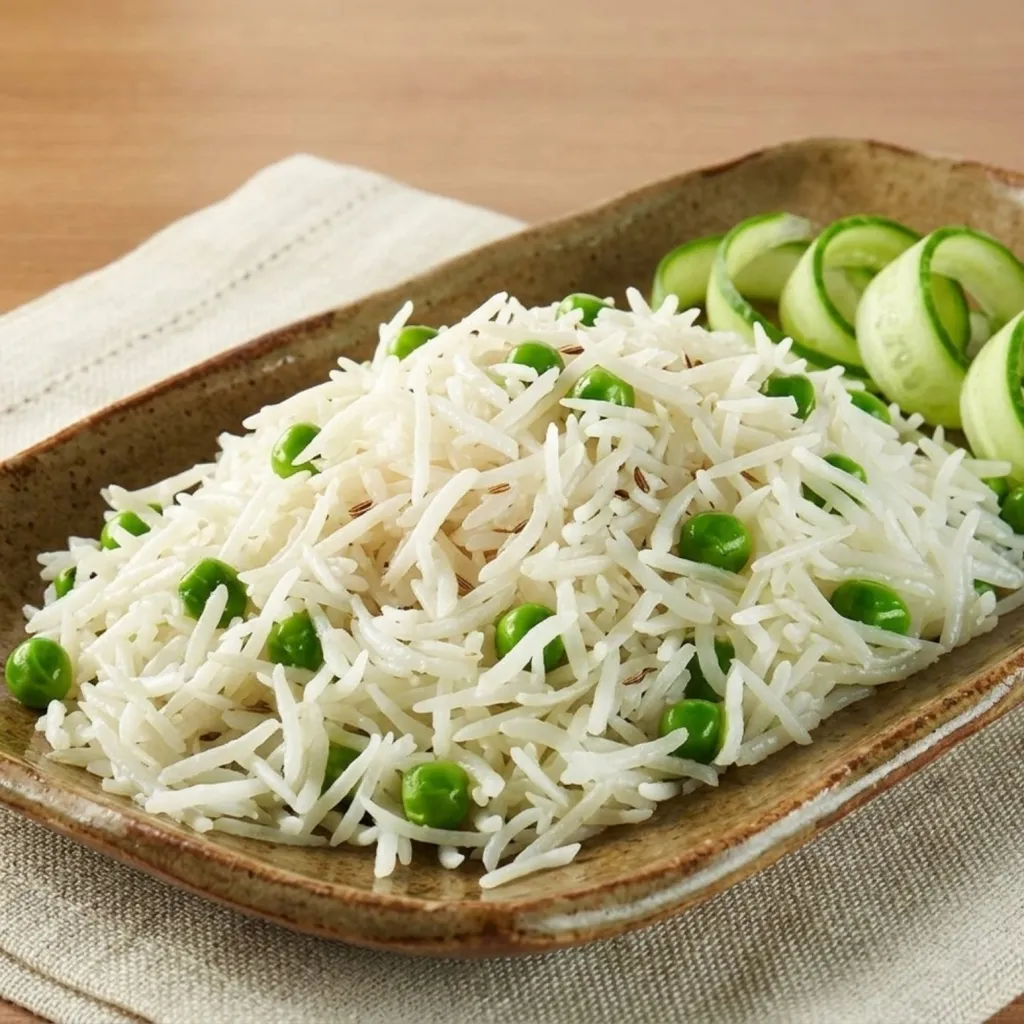 Cooked Pakistani Basmati Rice served on a plate with peas and cucumber