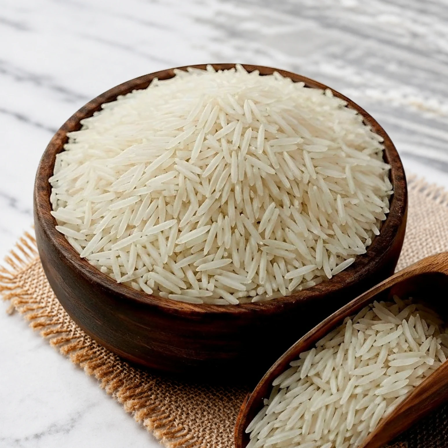 Basmati Rice in a wooden bowl with a scoop