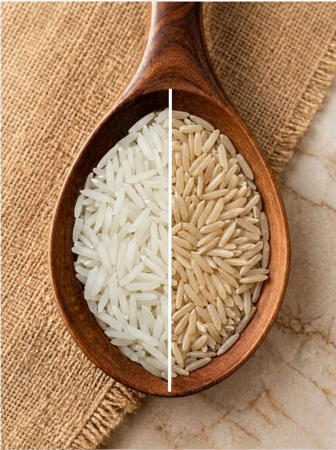 Brown Rice and white Rice side by side on one wooden spoon