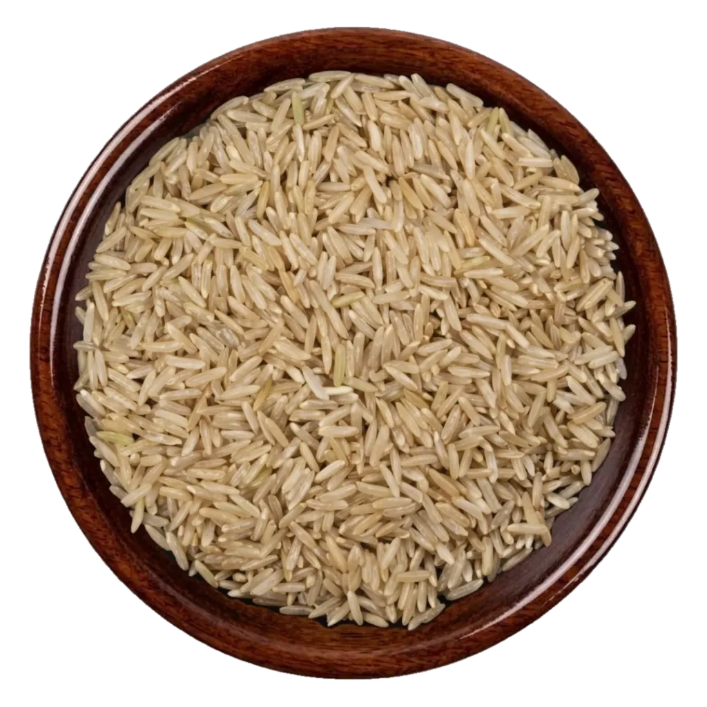 C-9 brown Rice in a dark wooden bowl