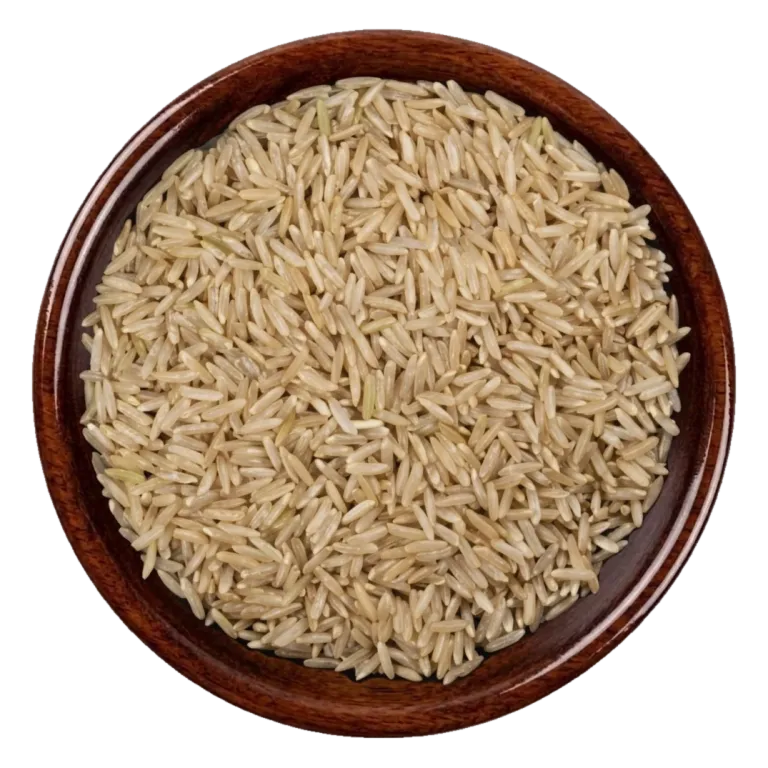 C-9 brown Rice in a dark wooden bowl