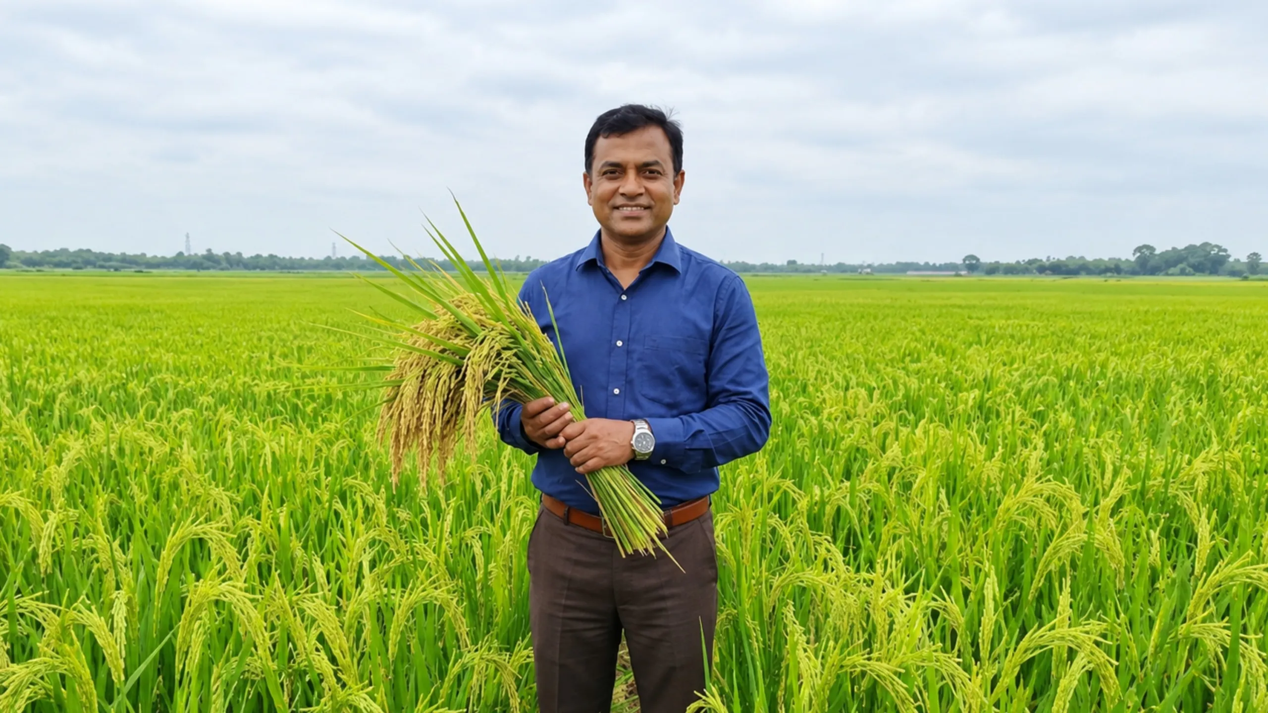 A contracted grower standing in his paddy field holding a handful of the crop