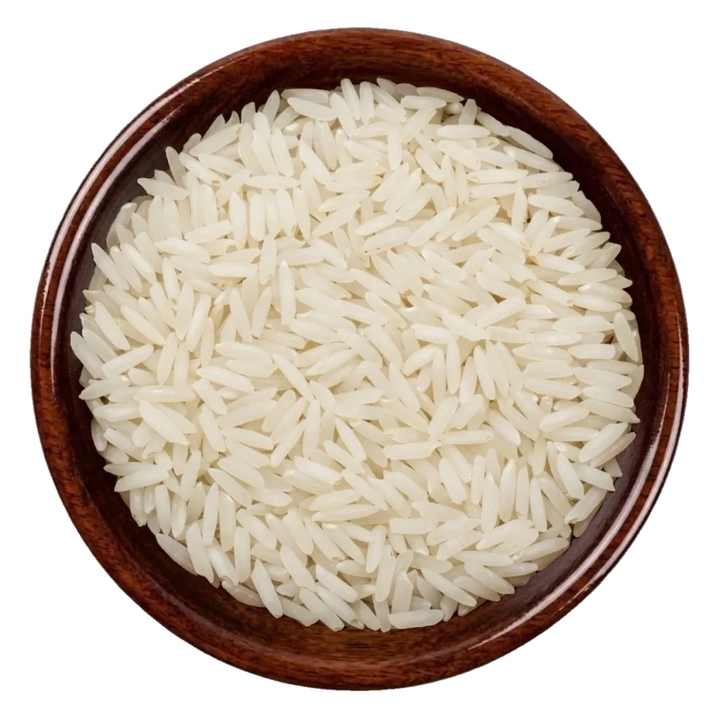 D-98 Basmati white Rice in a dark wooden bowl