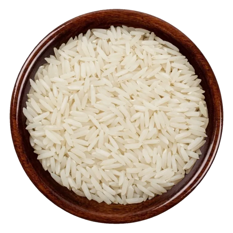 D-98 Basmati white Rice in a dark wooden bowl