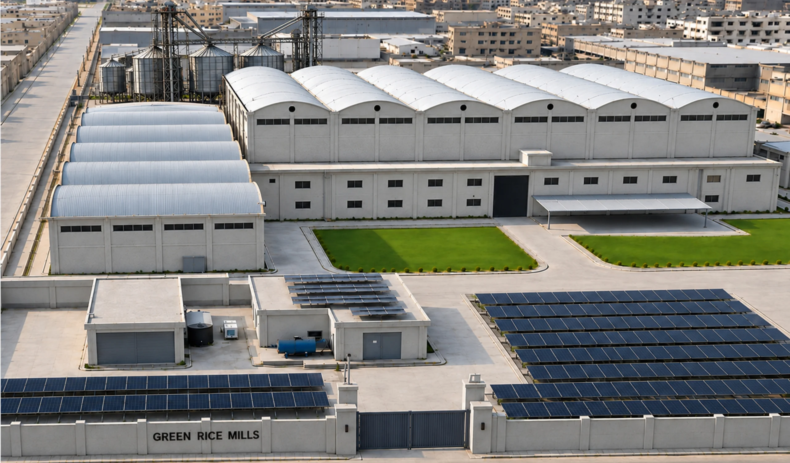 The Green Rice Mills site from above: warehouses, paddy silos, conveyor gantries and rooftop solar
