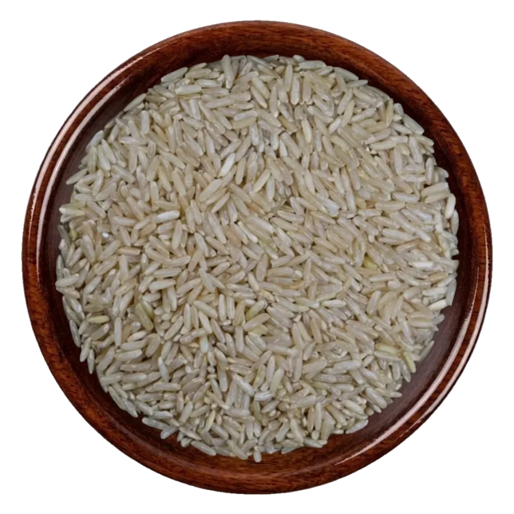 IRRI-6 brown Rice in a dark wooden bowl