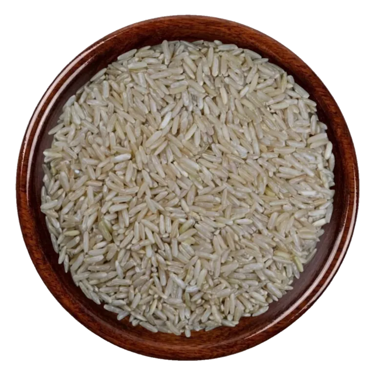 IRRI-6 brown Rice in a dark wooden bowl