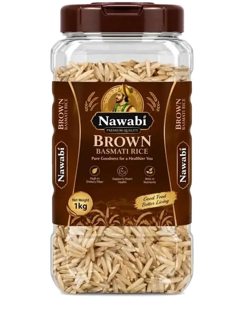 A 1 kg jar pack of brown Basmati Rice with a screw lid
