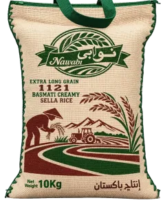 A 10 kg Nawabi 1121 Basmati Creamy Sella jute bag