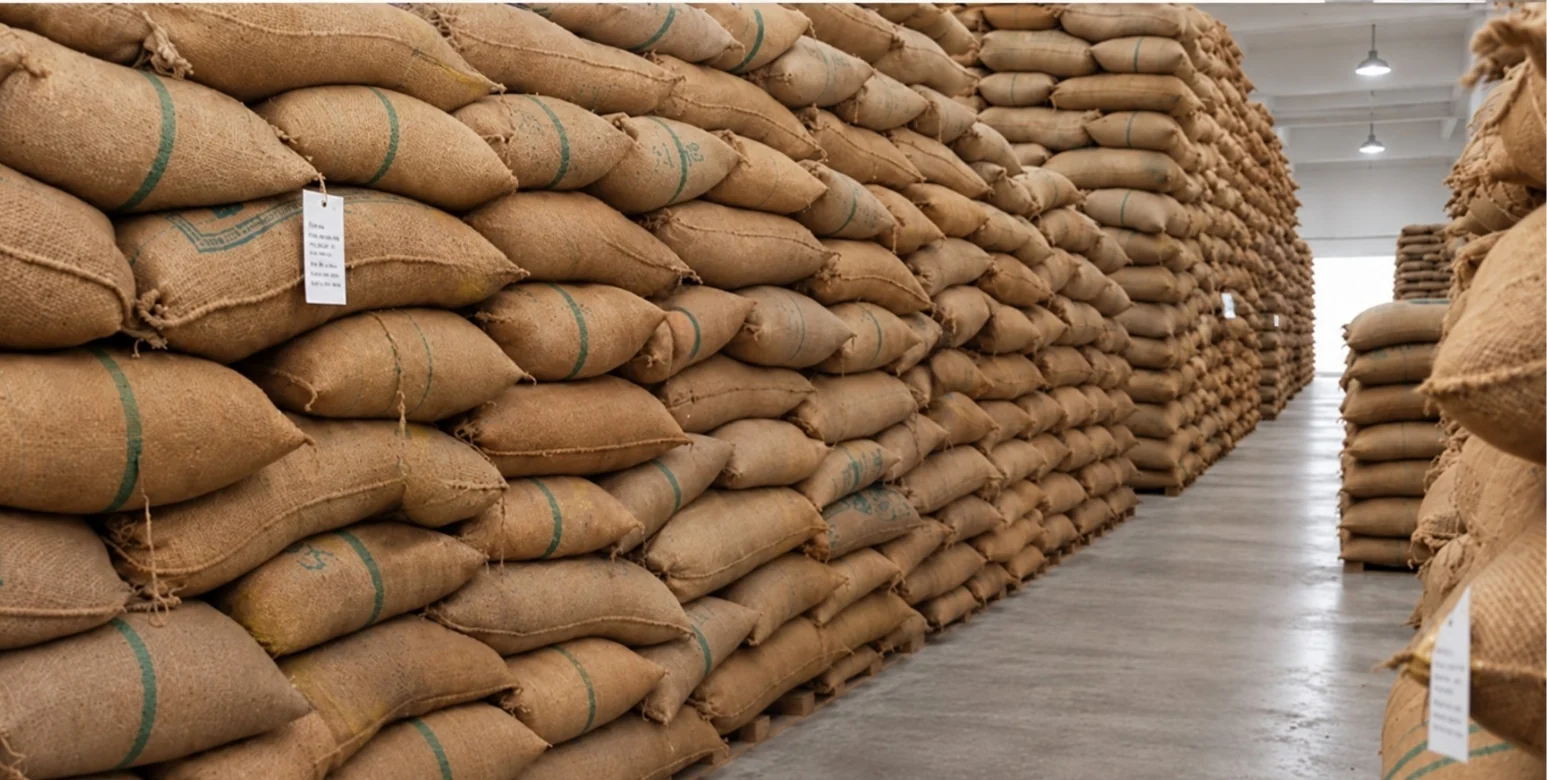 Jute rice bags with lot tags stacked in long rows