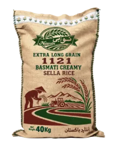 A 40 kg Nawabi 1121 Basmati Creamy Sella jute sack for bulk export