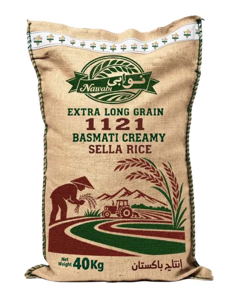 A 40 kg Nawabi 1121 Basmati Creamy Sella jute sack for bulk export