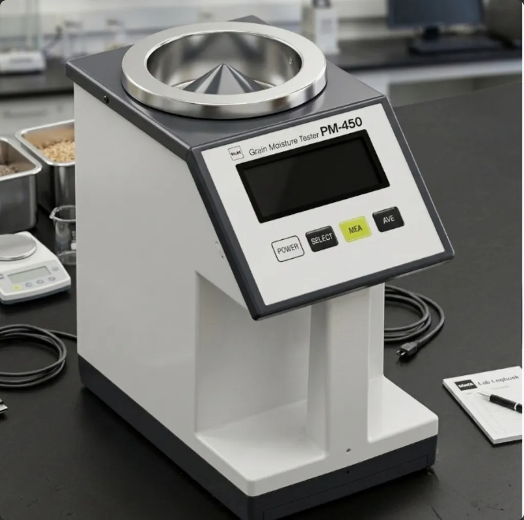 A Kett PM-450 benchtop grain moisture tester in the laboratory