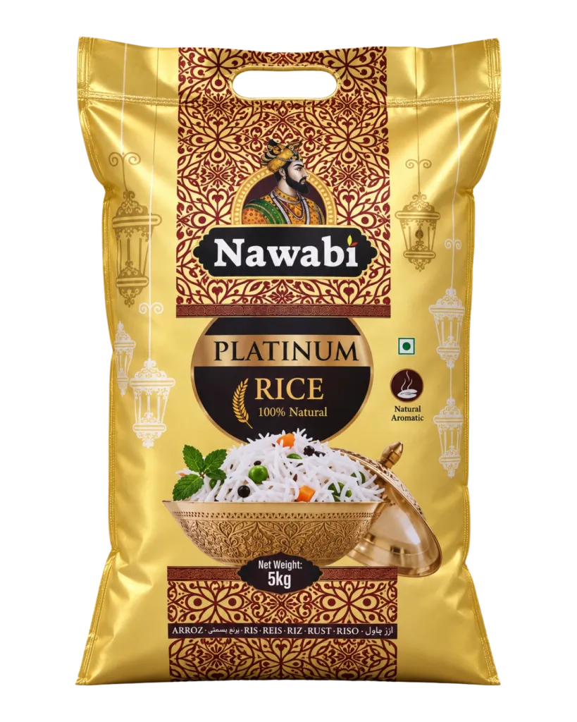 A 5 kg Nawabi LDPE poly Rice bag with a carry handle