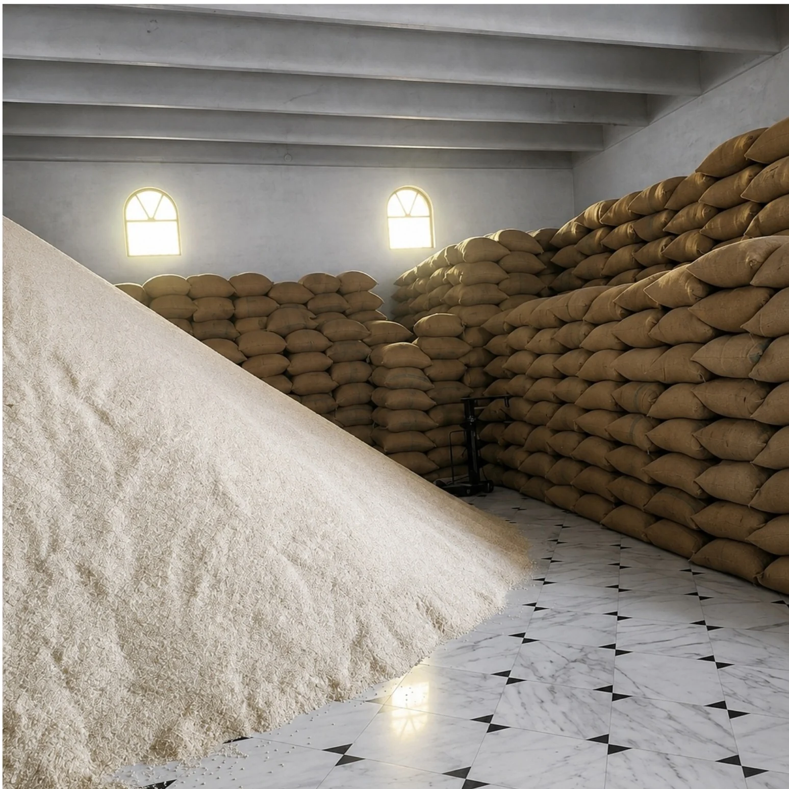 Milled rice heaped beside stacked rice bags in the warehouse
