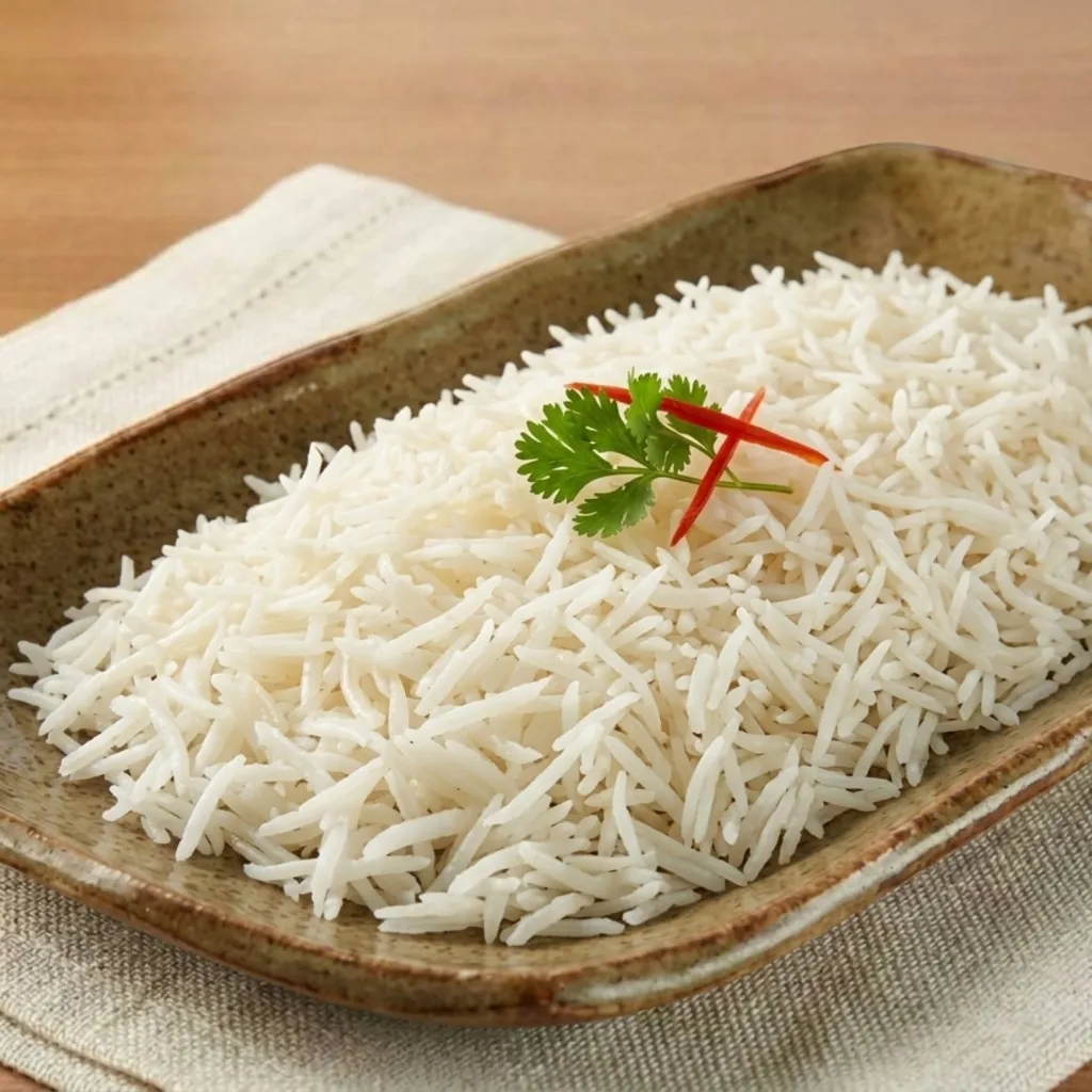 Cooked long grain Non-Basmati Rice served on a plate