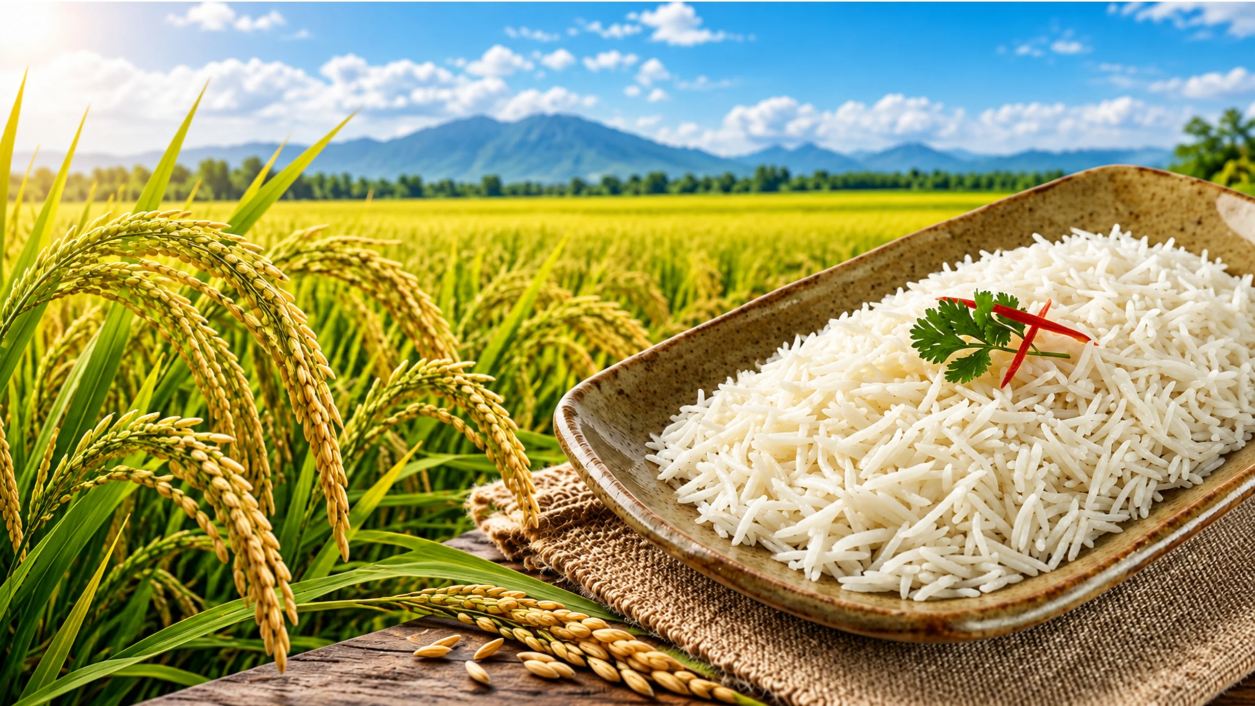 Paddy field beside a dish of cooked long grain Non-Basmati Rice