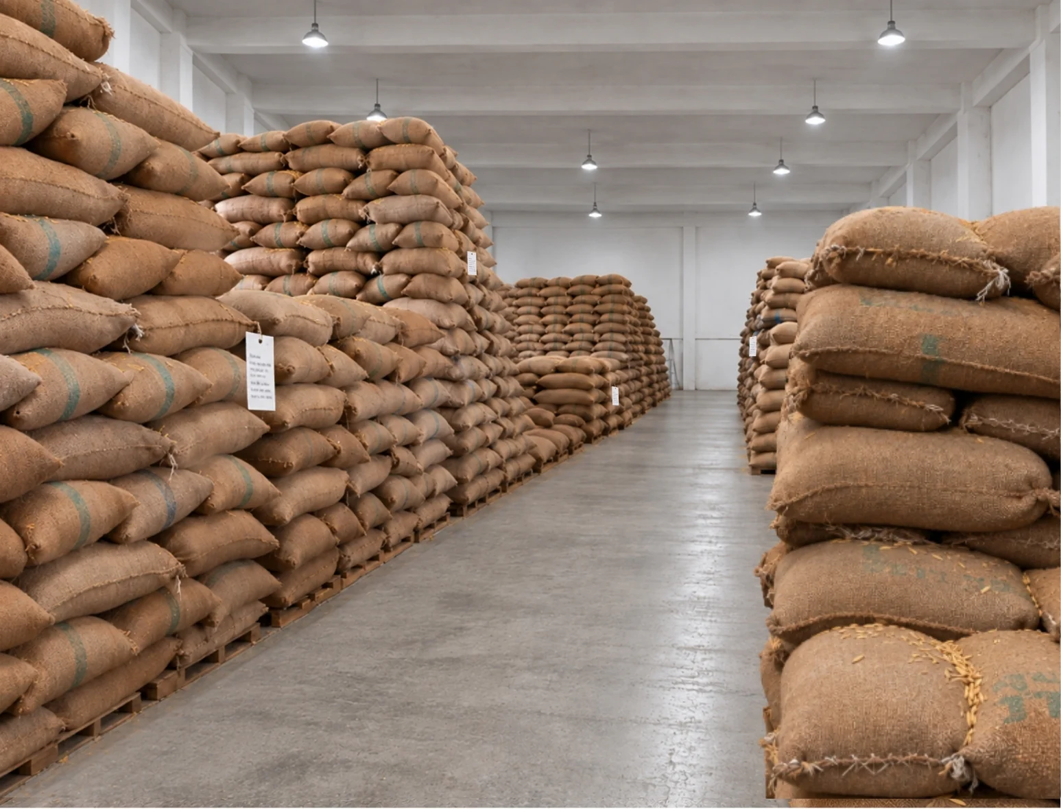 Paddy in jute bags stacked in rows in the warehouse