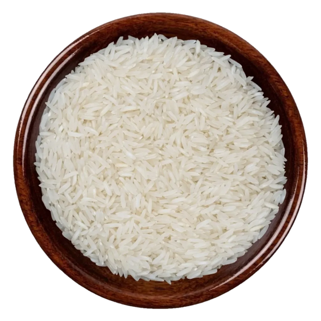 PK-386 white Rice in a dark wooden bowl