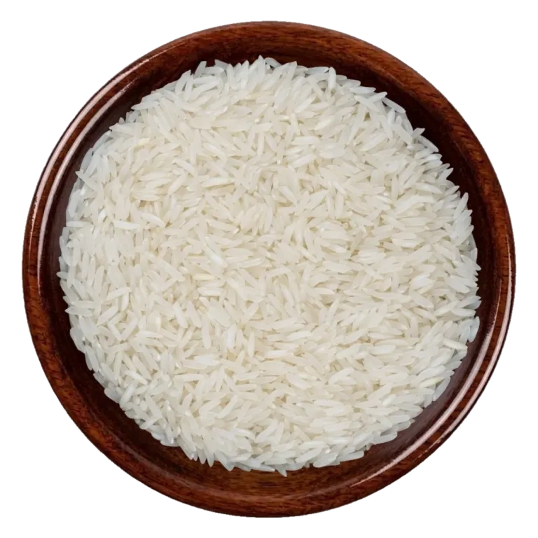 PK-386 white Rice in a dark wooden bowl