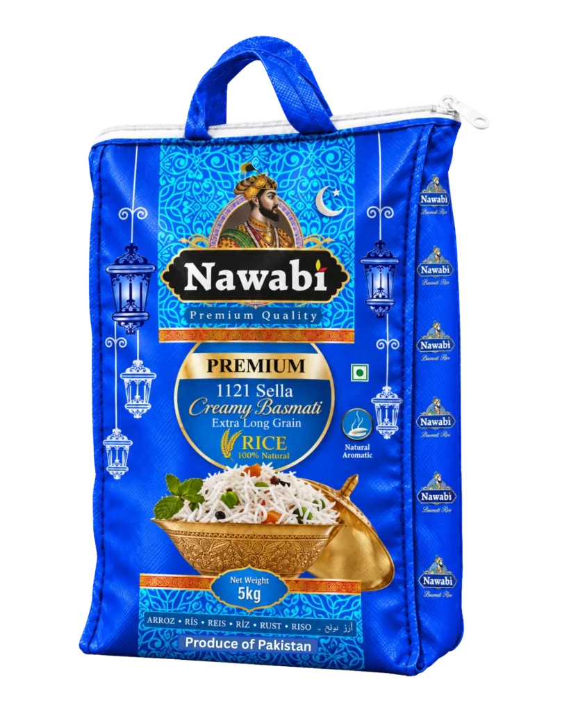 A 5 kg Nawabi PP non woven Rice bag with a carry handle