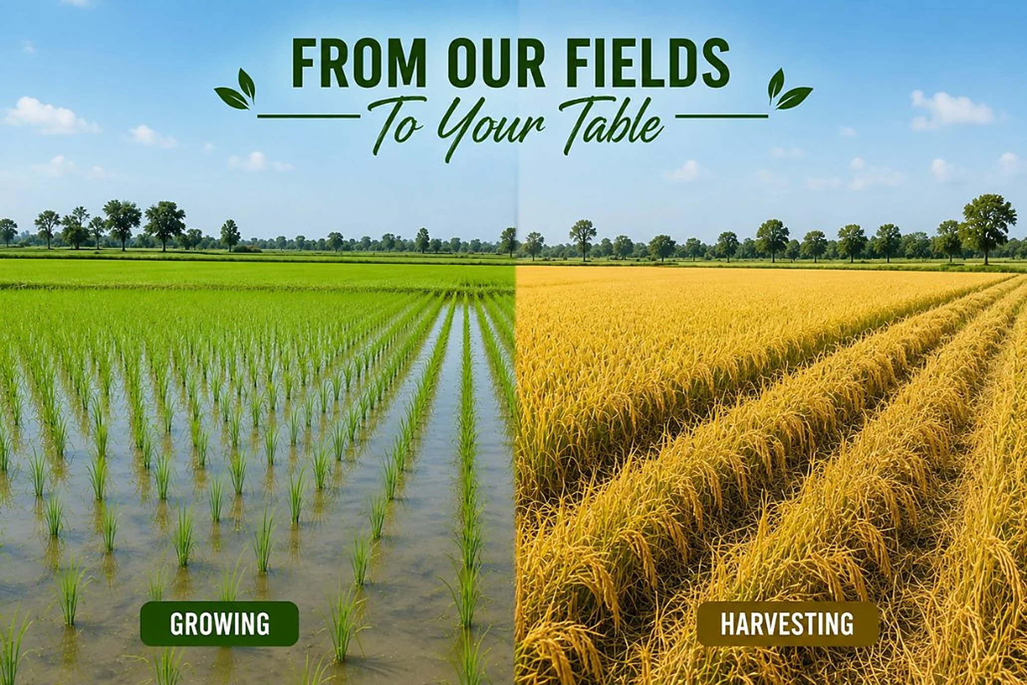 Rice fields from growing to harvesting: green paddy beside the ripe crop