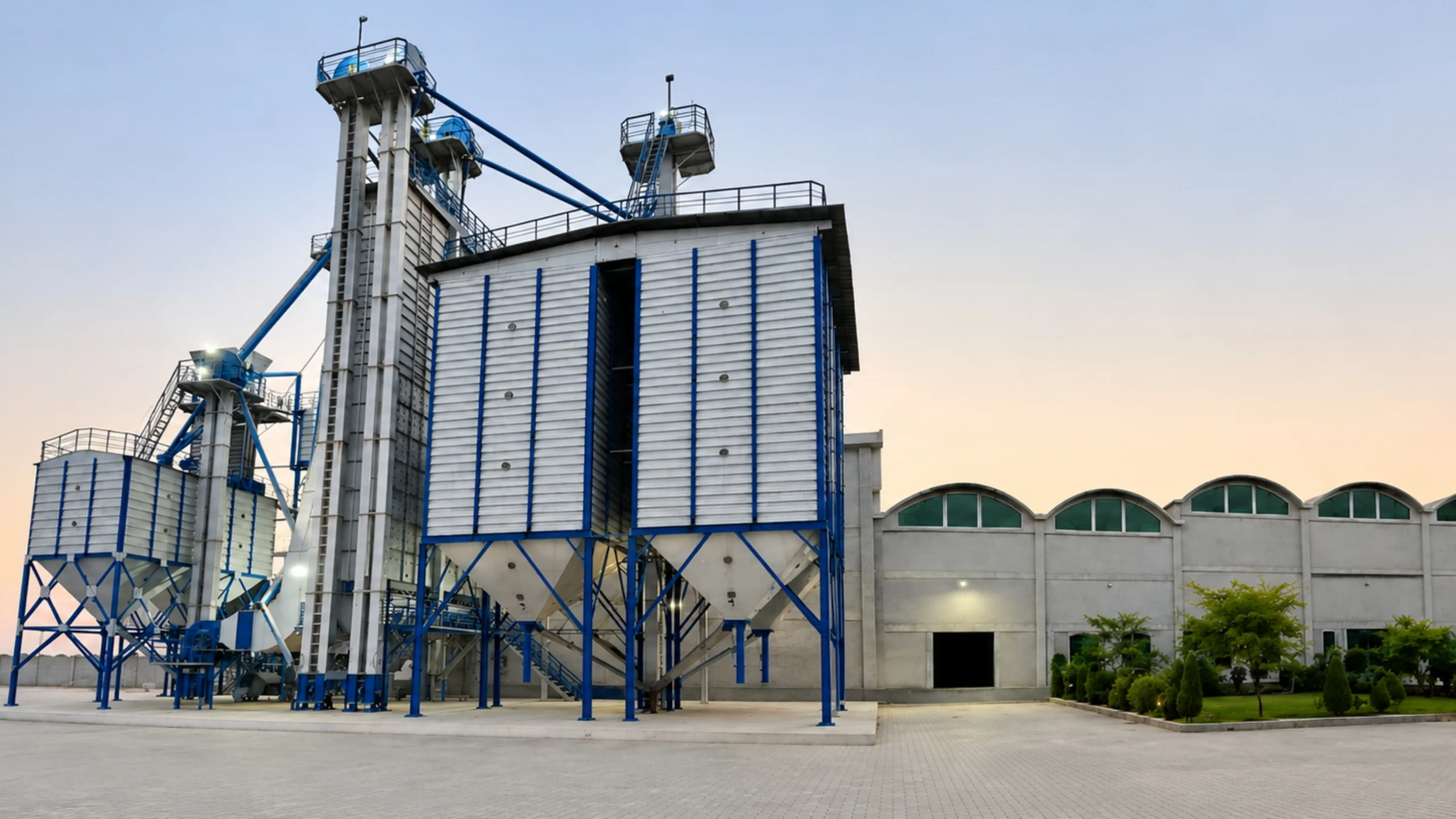 Rice mill silos, elevator tower and milling hall on one site