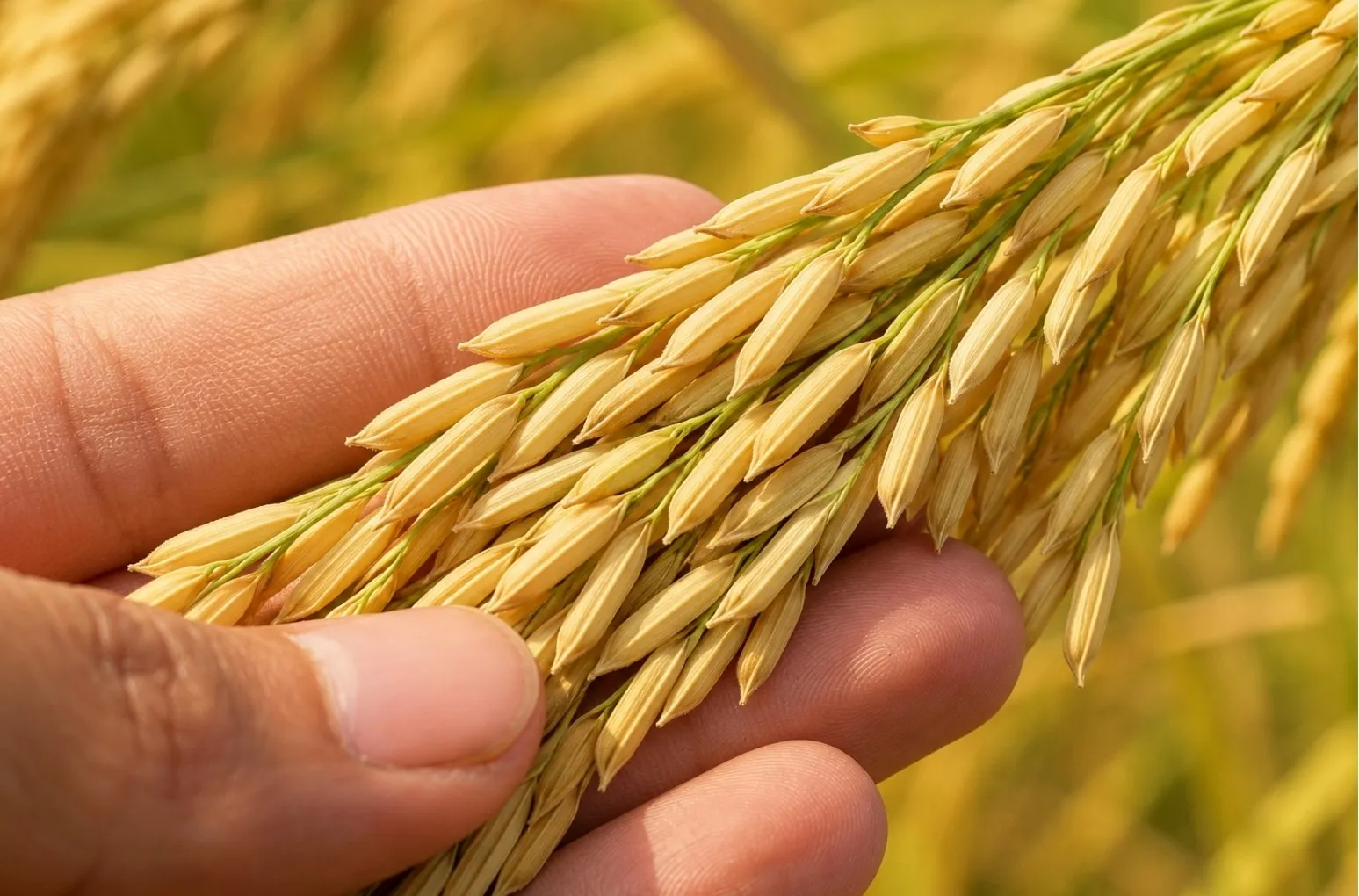 Ripe Rice panicles held in a hand at the edge of the field