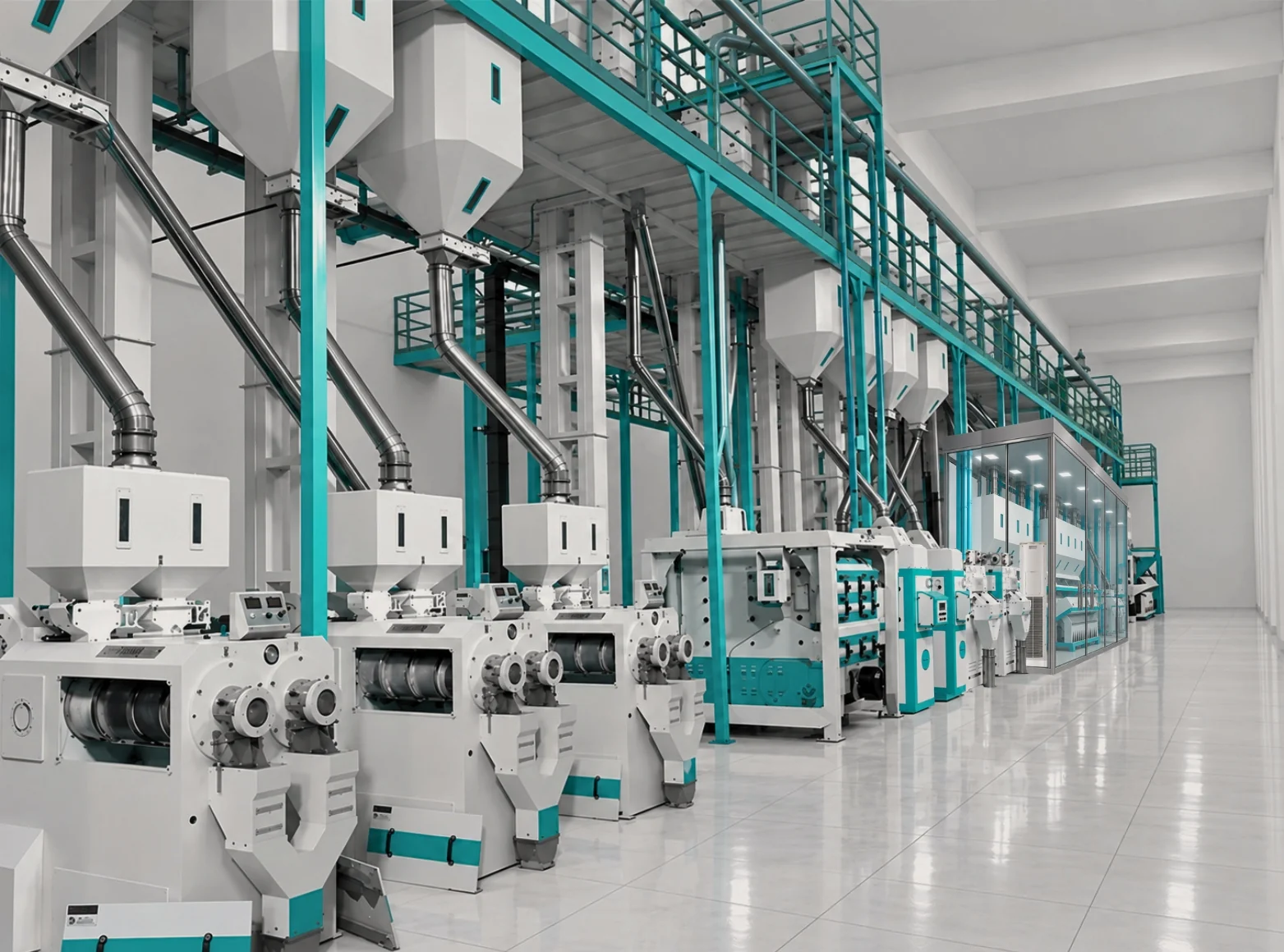 A row of rice whiteners in the milling hall