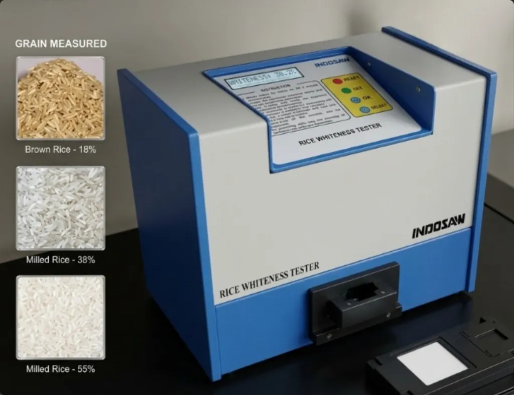 A Rice whiteness tester beside its grade chart for brown and milled Rice