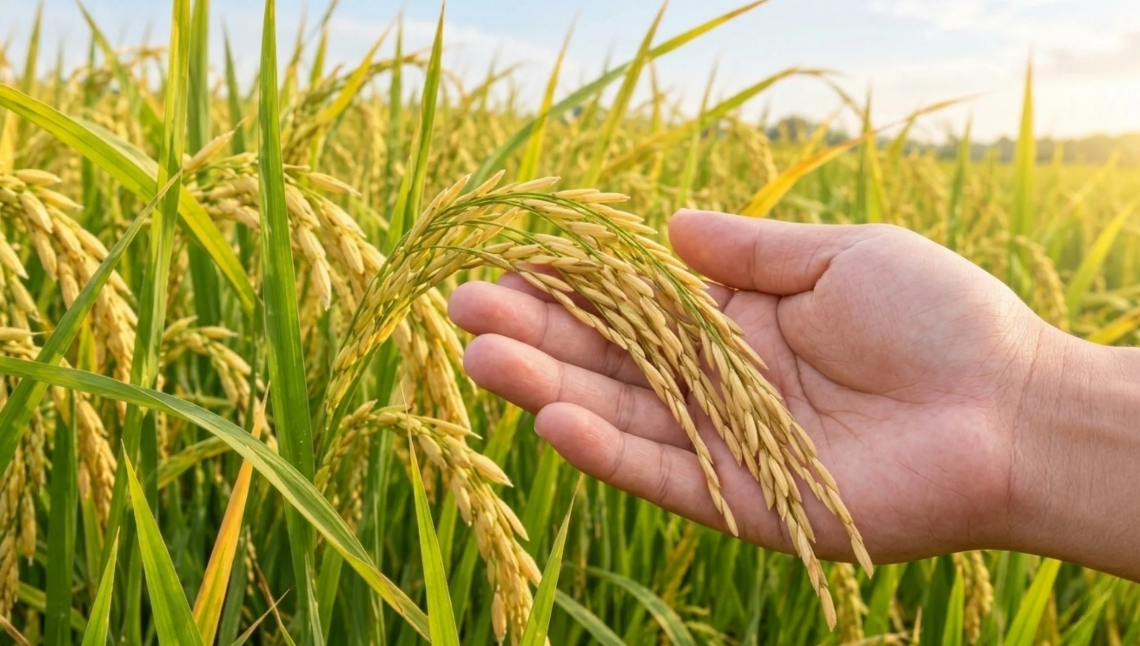 Ripe paddy panicles held in an open hand in the field