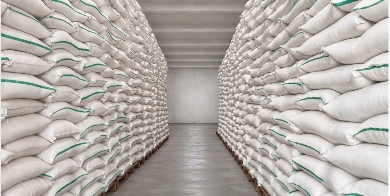 Woven PP Rice bags stacked on both sides of the warehouse aisle