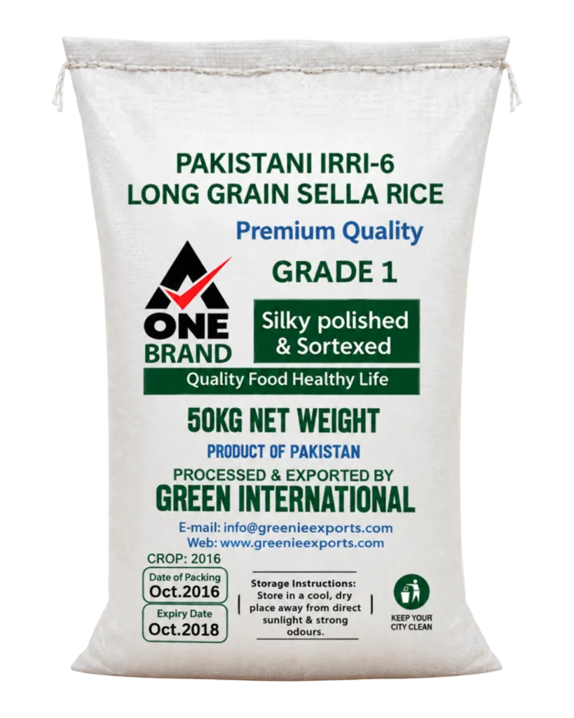 A 50 kg woven polypropylene sack printed for Pakistani long grain IRRI-6 Sella Rice